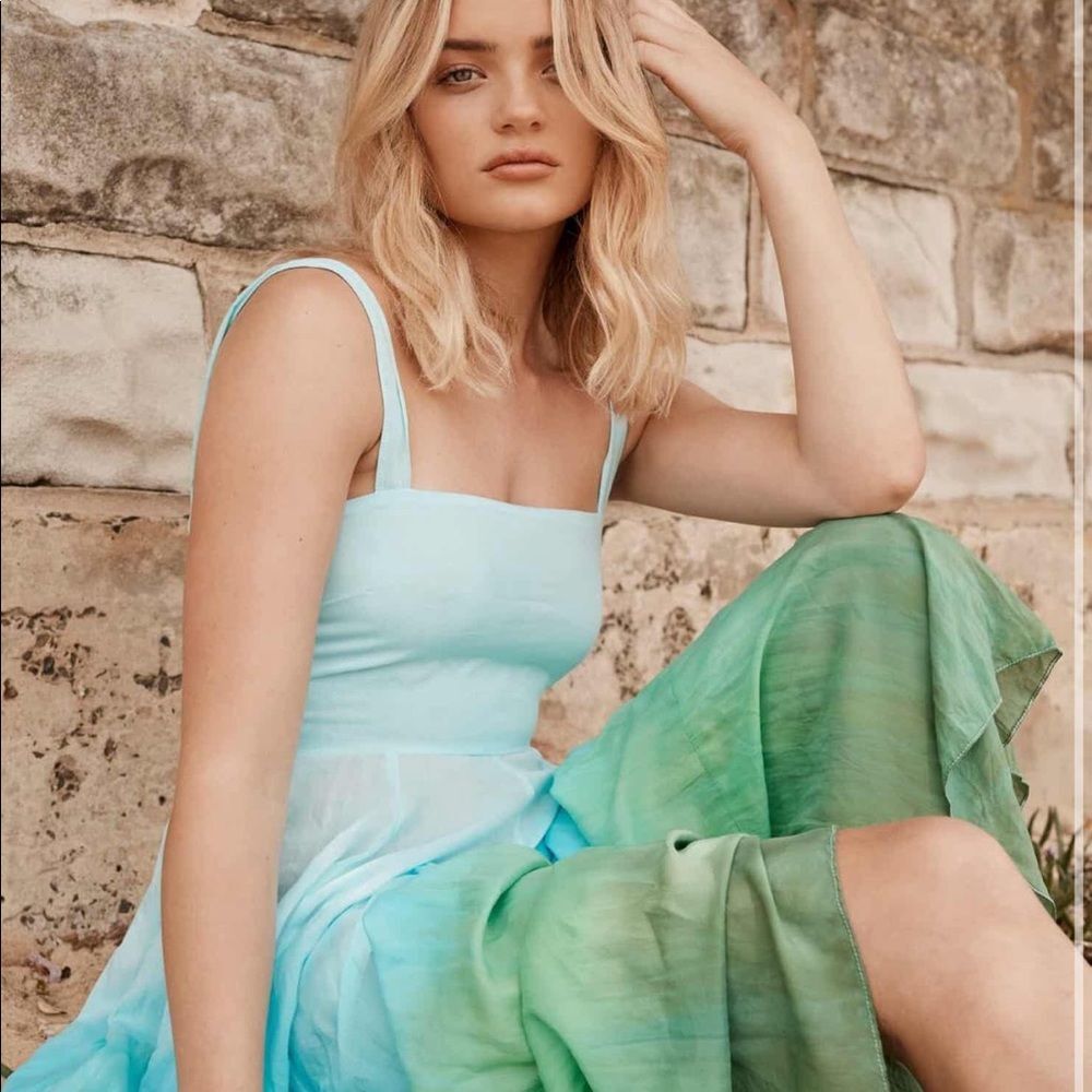 S/W/F Apron Ombre Tie Dye Maxi Dress Sz S Flowy Blue Green Resort Boho Travel